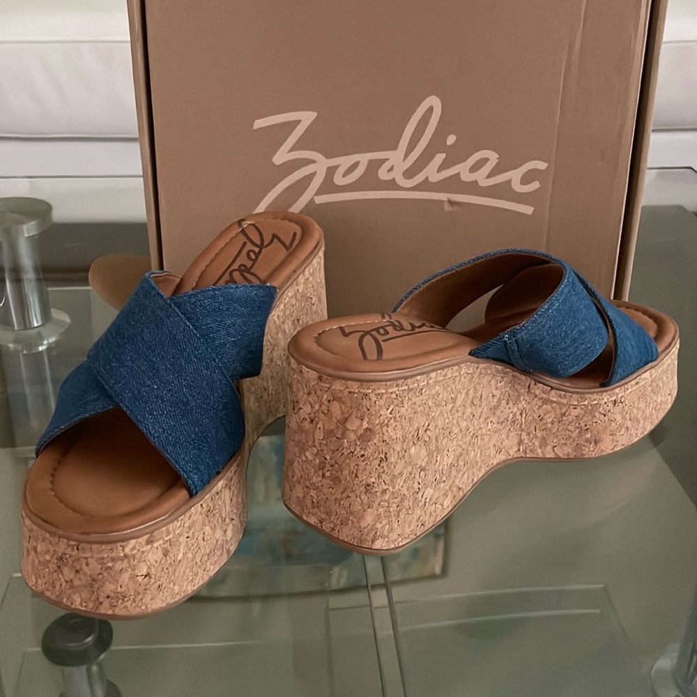 NIB denim slides comfort mules cork platform wedge criss cross open toe mules